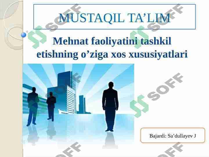 Mehnat faoliyatini tashkil etishning o’ziga xos xususiyatlari