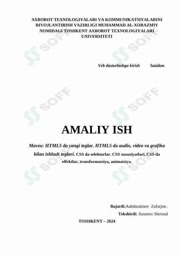 HTML5 da yangi teglar. HTML5 da audio, video va grafika bilan ishlash teglari. CSS da selektorlar. CSS xususiyatlari. CSS da effektlar, transformatsiya, animatsiya.
