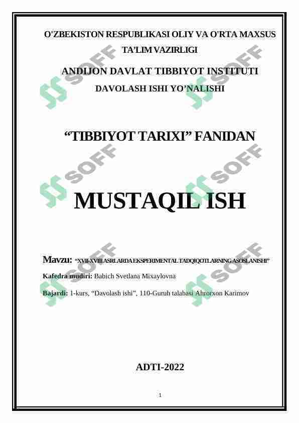 XVII-XVIII ASRLARDA EKSPERIMENTAL TADQIQOTLARNING ASOSLANISHI