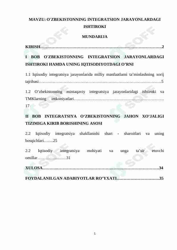 O'ZBEKISTONNING INTEGRATSION JARAYONLARDAGI ISHTIROKI