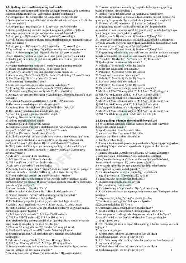 Tarix fanidan mavzulashtirilgan testlar
