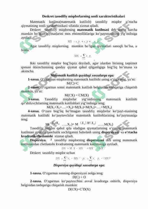 Deskret tasodifiy miqdorlarning sonli xarakteristikalari