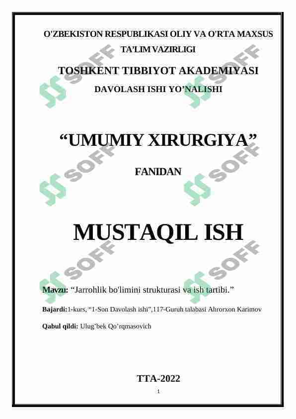 Jarrohlik bo'limini strukturasi va ish tartibi