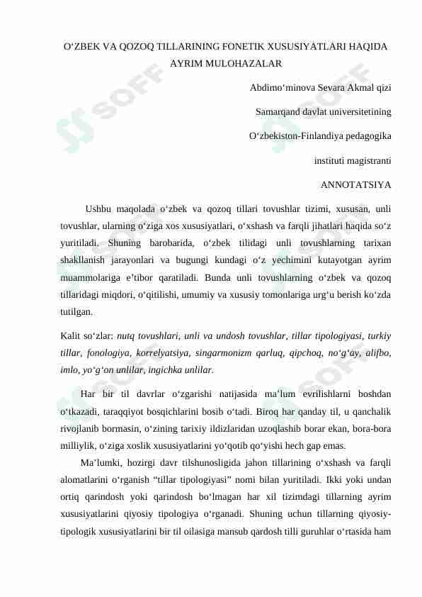 O'zbek va qozoq tillari fonetik xususiyatlari haqida ayrim mulohazalar