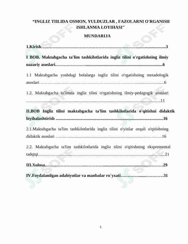 ingliz tilida osmon,yulduzlar, fazolarni o'rganish ishlanma loyihasi