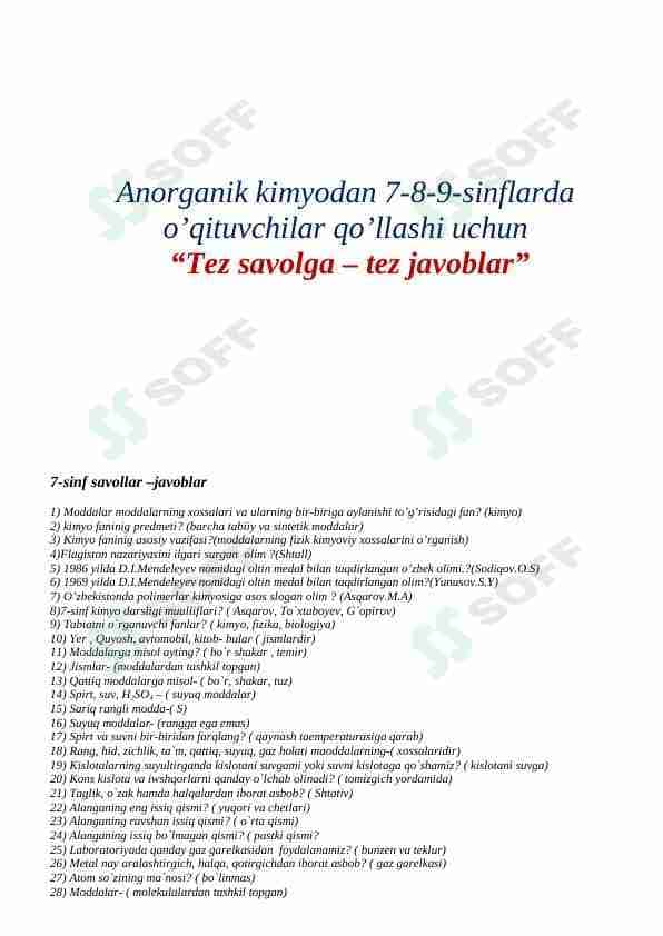Kimyodan mavzulashtirilgan savol javob