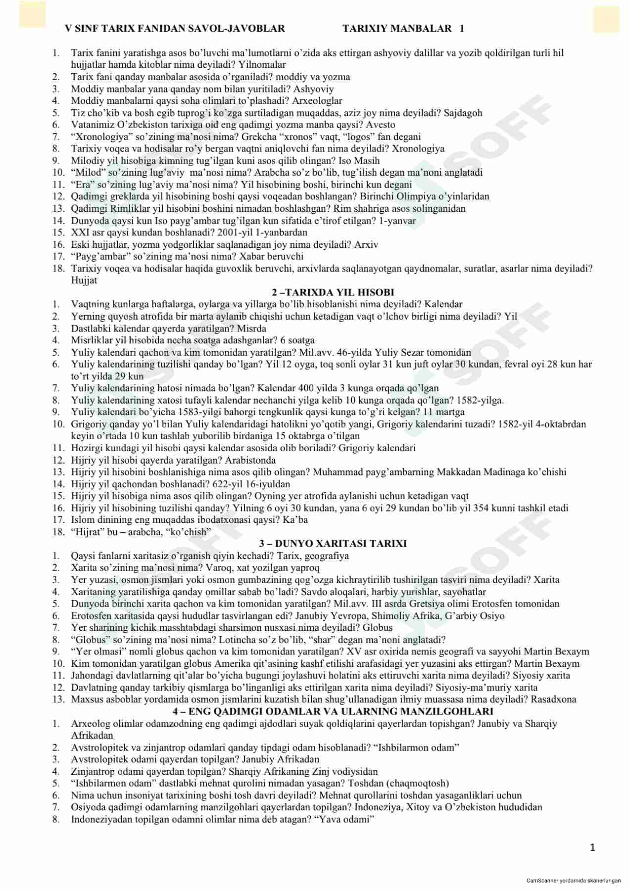 5-sinf tarix fanidan umumiy savol-javoblar to'plami