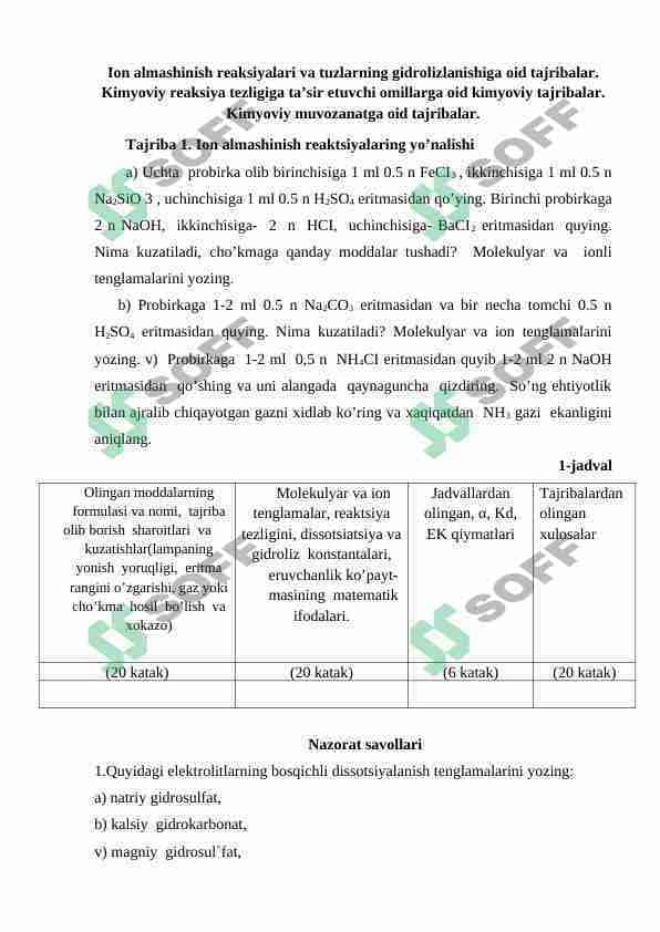Ion almashish reaksiyalari va tuzlarning gidrolizlanishiga oid tajribalar