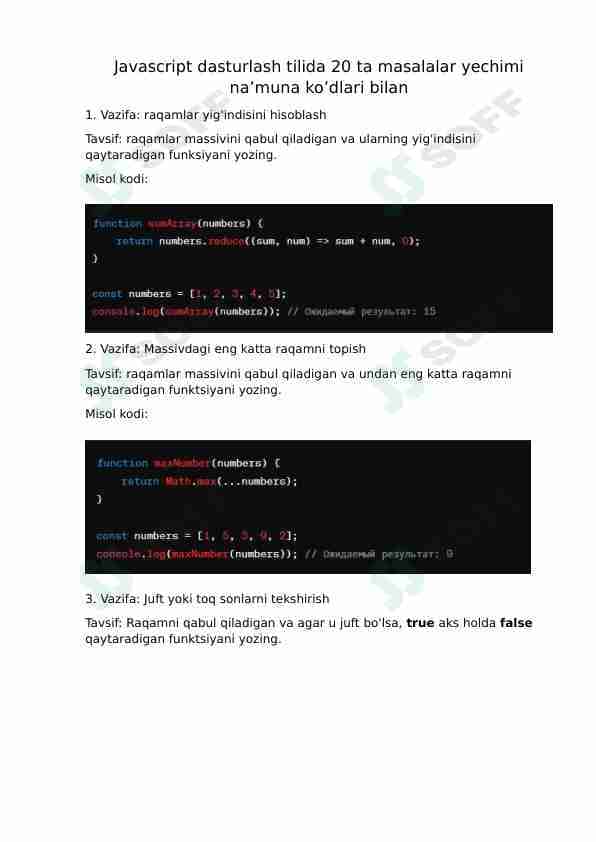 Javascript dasturlash tilidan 20 ta masalalar to'plami, ko'd na'munasi bilan.
