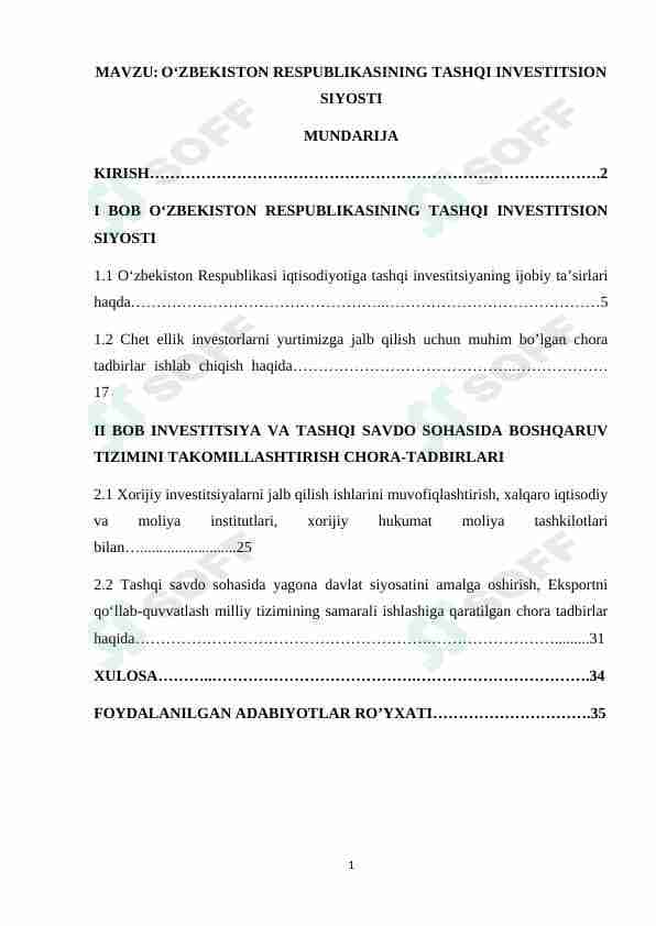 O‘ZBEKISTON RESPUBLIKASINING TASHQI INVESTITSION SIYOSTI