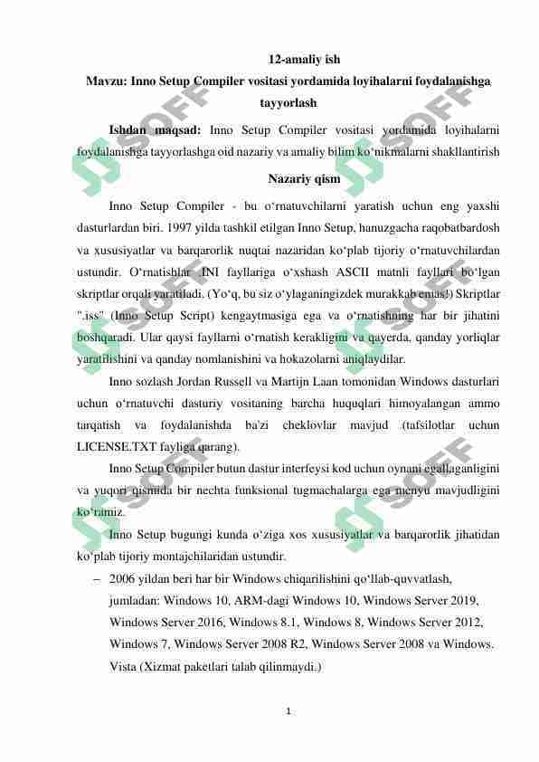 Inno Setup Compiler vositasi yordamida loyihalarni foydalanishga tayyorlash