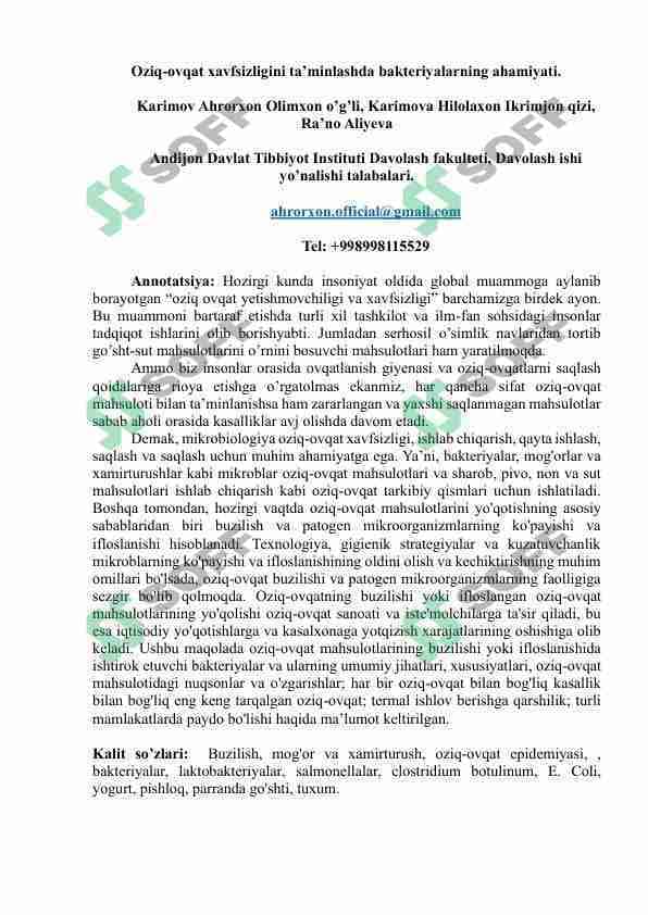 Oziq-ovqat xavfsizligini ta’minlashda bakteriyalarning ahamiyati