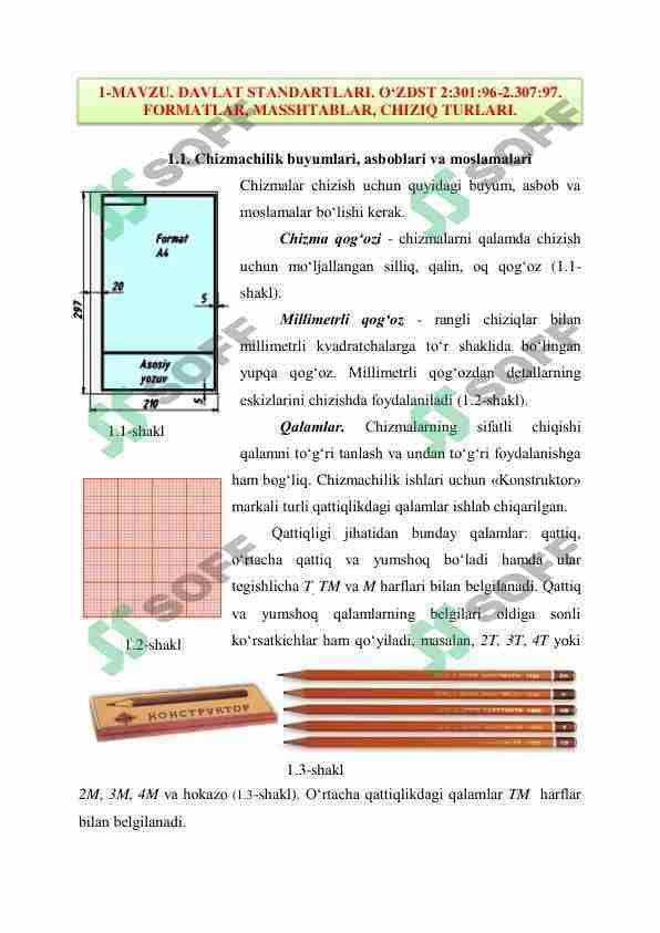 DAVLAT STANDARTLARI. O‘ZDST 2:301:96-2.307:97. FORMATLAR, MASSHTABLAR, CHIZIQ TURLARI.