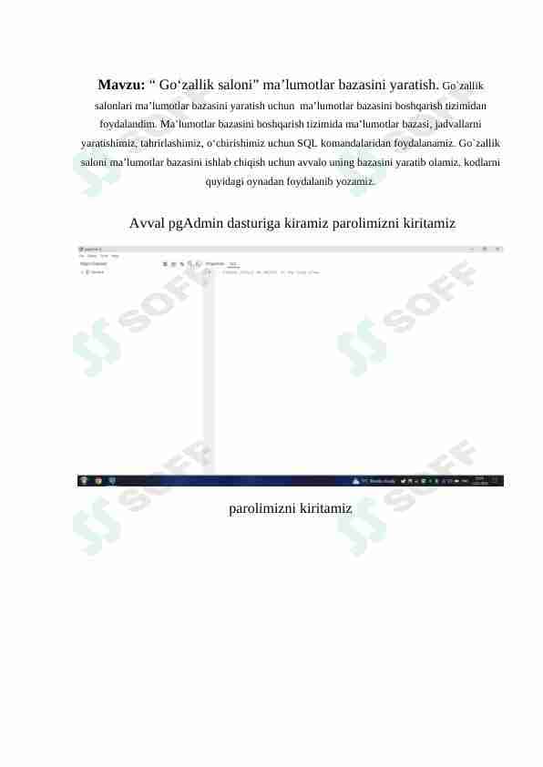 go`zalik saloni ma`lumotlar bazasini yaratish