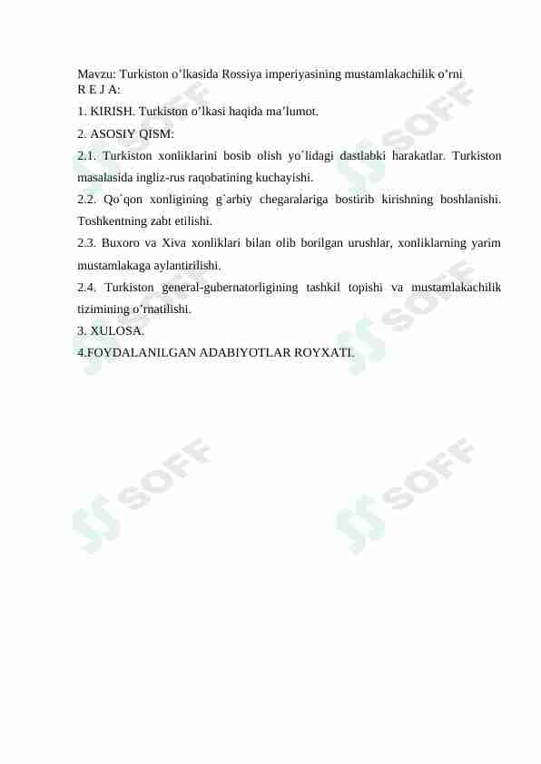 O'zbekistonning eng yangi tarix fanidan TURKISTON O’LKASIDA ROSSIYA IMPERIYASINING MUSTAMLAKACHILIK O’RNI ” mavzusida referat