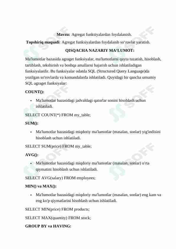 Agregat funksiyalardan foydalanish