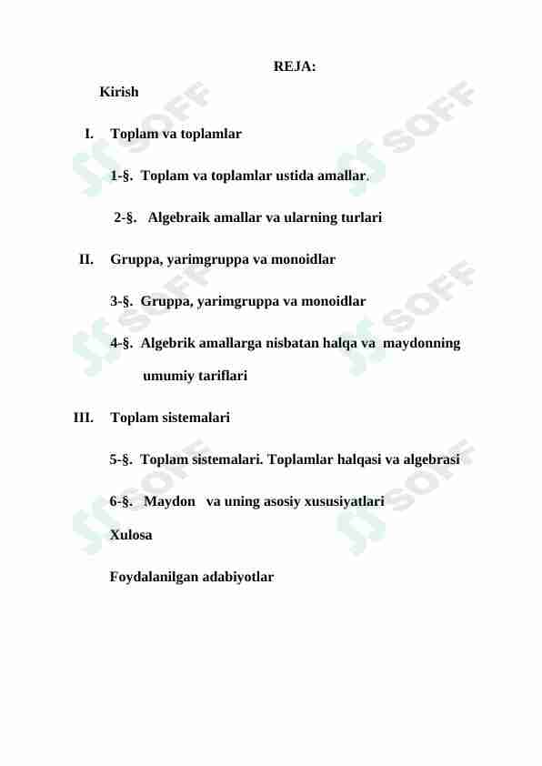 “Asosiy algebraik strukturalar” (gruppa, halqa, maydon)