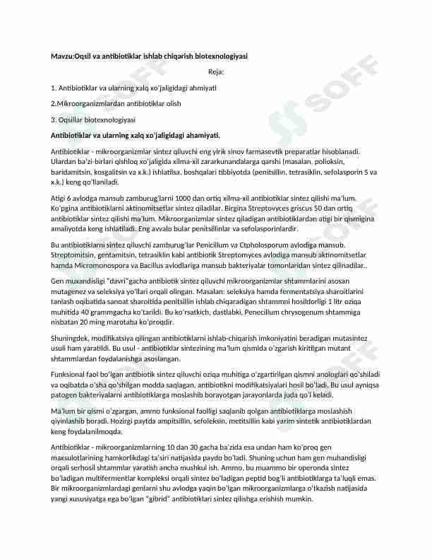 Oqsil va antibiotiklar ishlab chiqarish