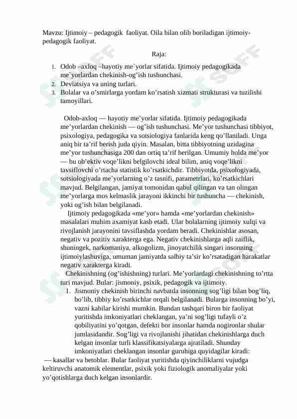 Ijtimoiy – pedagogik faoliyat. Oila bilan olib boriladigan ijtimoiy-pedagogik faoliyat.