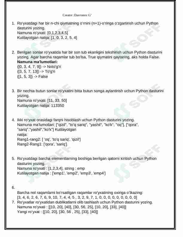 Python dasturlash tilida List if str mavzularida masalalar