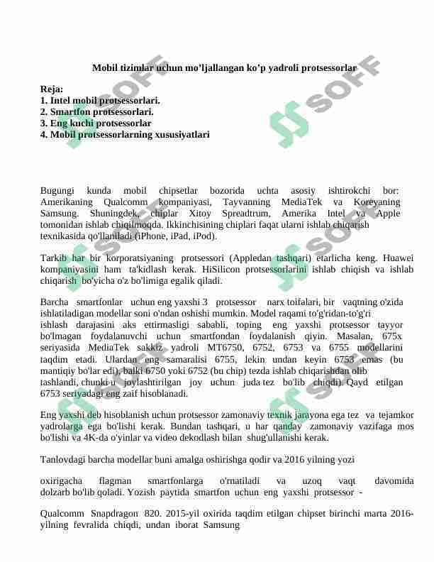 Mobil tizimlar uchun mo'ljallangan ko'p yadroli protsessorlar