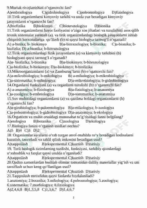 Biologiya fanidan mavzulashtirilgan testlar