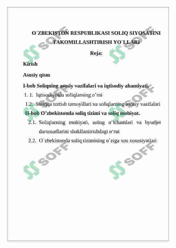 o'zbekiston respublikasi soliq siyosatini takomillashtirish yo'llari