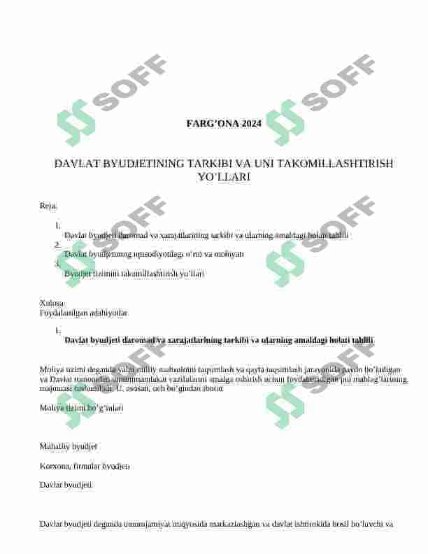 davlat byudjetining tarkibi va uni takomillashtirish yo'llari