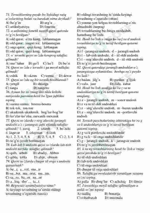 Ona tili fanidan testlar to'plami