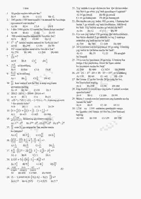 Matematik fanidan testlar