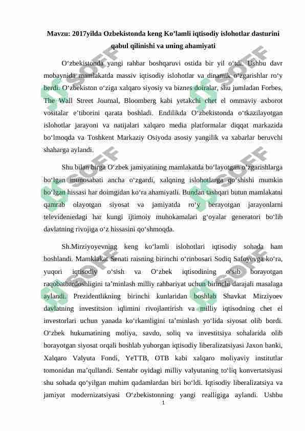 2017yilda O'zbekistonda keng Ko’lamli iqtisodiy islohotlar dasturini qabul qilinishi va uning ahamiyati