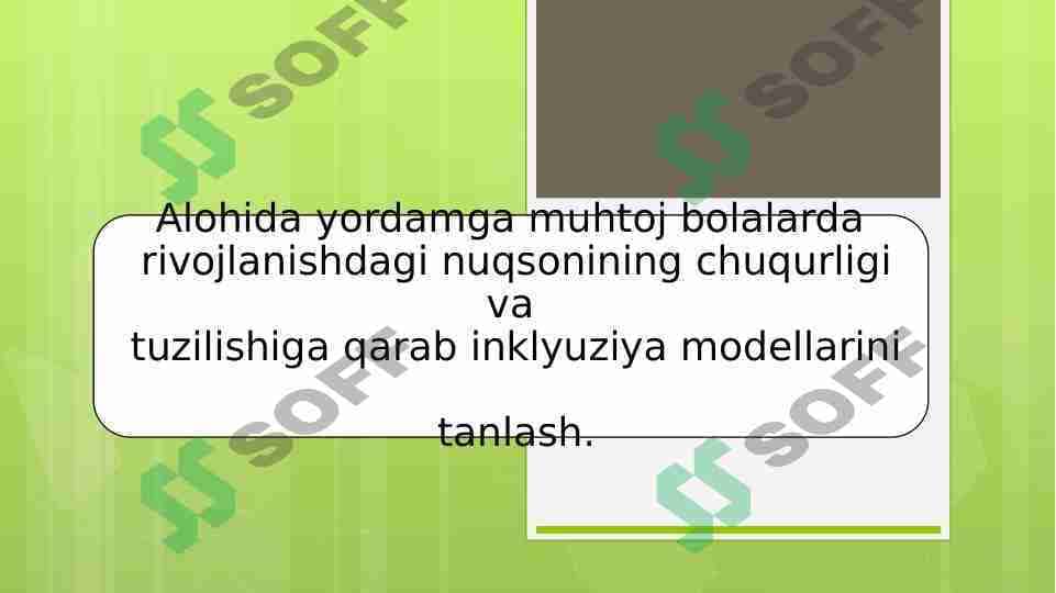 Alohida yordamga muhtoj bolalarda rivojlanishdagi nuqsonining chuqurligi va tuzilishiga qarab inklyuziya modellarini tanlash.