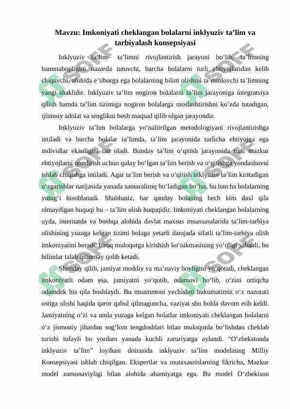 Imkoniyati cheklangan bolalarni inklyuziv ta’lim va tarbiyalash konsepsiyasi