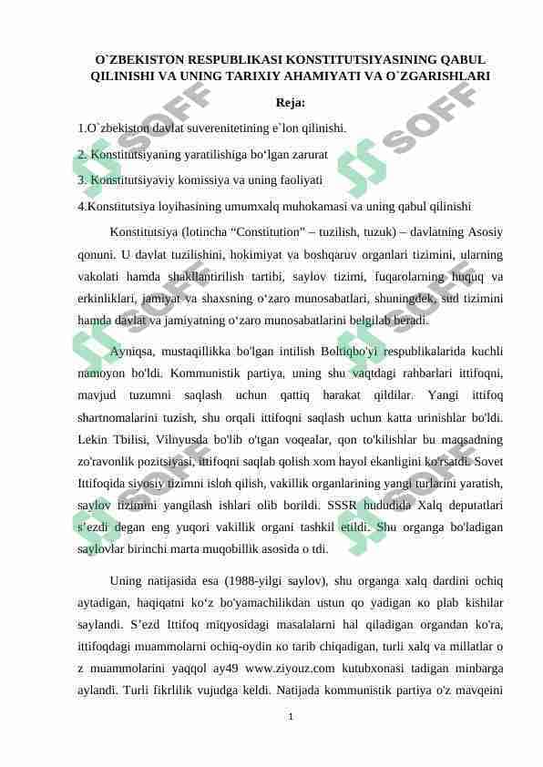 O`ZBEKISTON RESPUBLIKASI KONSTITUTSIYASINING QABUL QILINISHI VA UNING TARIXIY AHAMIYATI VA O`ZGARISHLARI