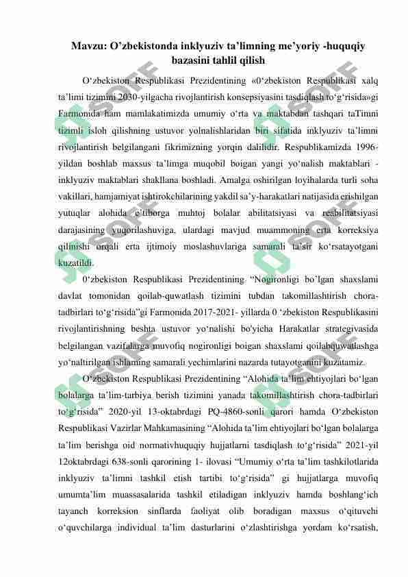 O’zbekistonda inklyuziv ta’limning me’yoriy -huquqiy bazasini tahlil qilish