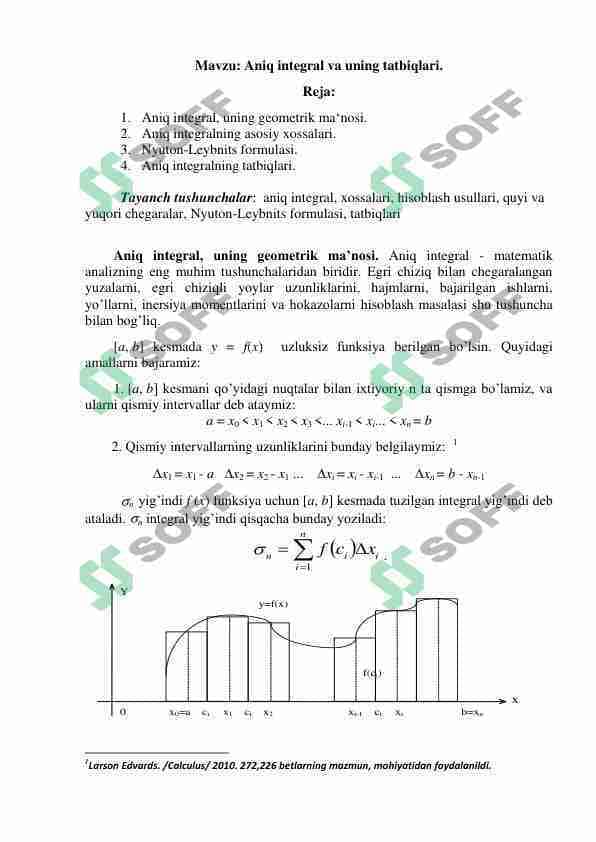 Aniq integral va uning tatbiqlari