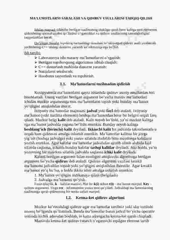MA’LUMOTLARNI SARALASH VA QIDIRUV USULLARINI TADQIQ QILISH
