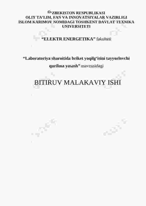 Laboratoriya sharoitida briket yoqilg‘isini tayyorlovchi qurilma yasash