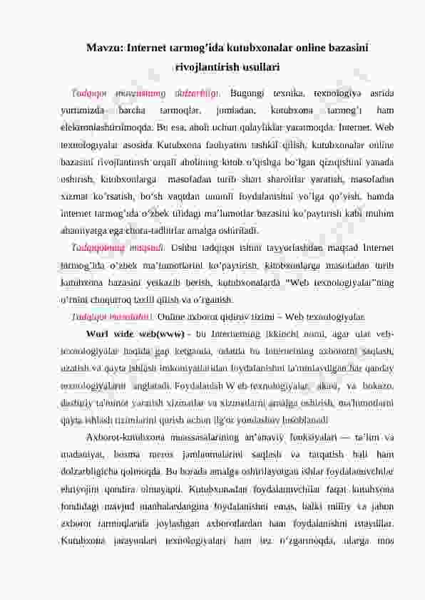 Internet tarmog'ida kutubxonalar online bazasini rivojlantirish usullari
