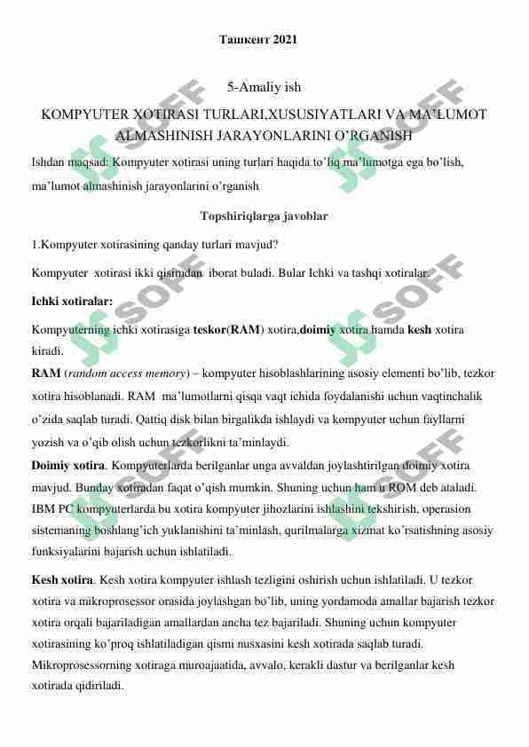 KOMPYUTER XOTIRASI TURLARI,XUSUSIYATLARI VA MA’LUMOT ALMASHINISH JARAYONLARINI O’RGANISH