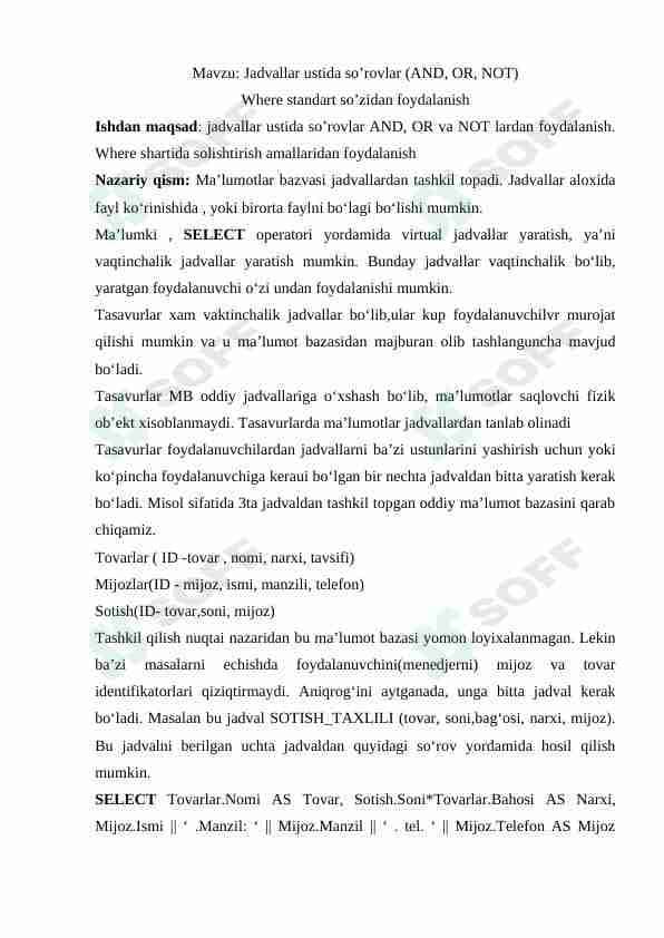 Jadvallar ustida so'rovlar . Where standart so'zidan foydalanish