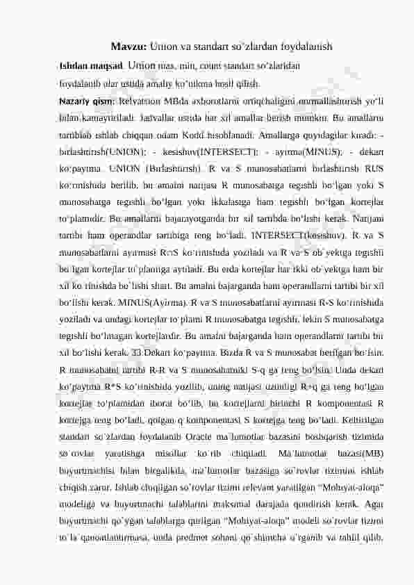 Union va standart so’zlardan foydalanish