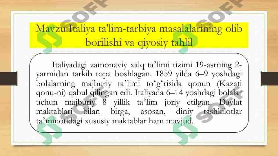 Italiya ta'lim-tarbiya masalalarining olib borilishi va qiyosiy tahlil
