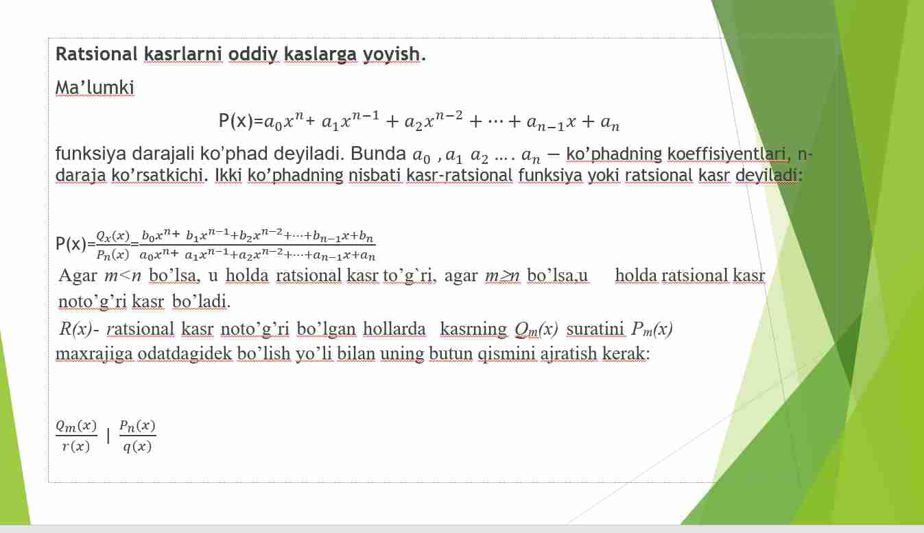 Ratsional kasr trigonometrik ,irratsional funksiyalarni integrallash