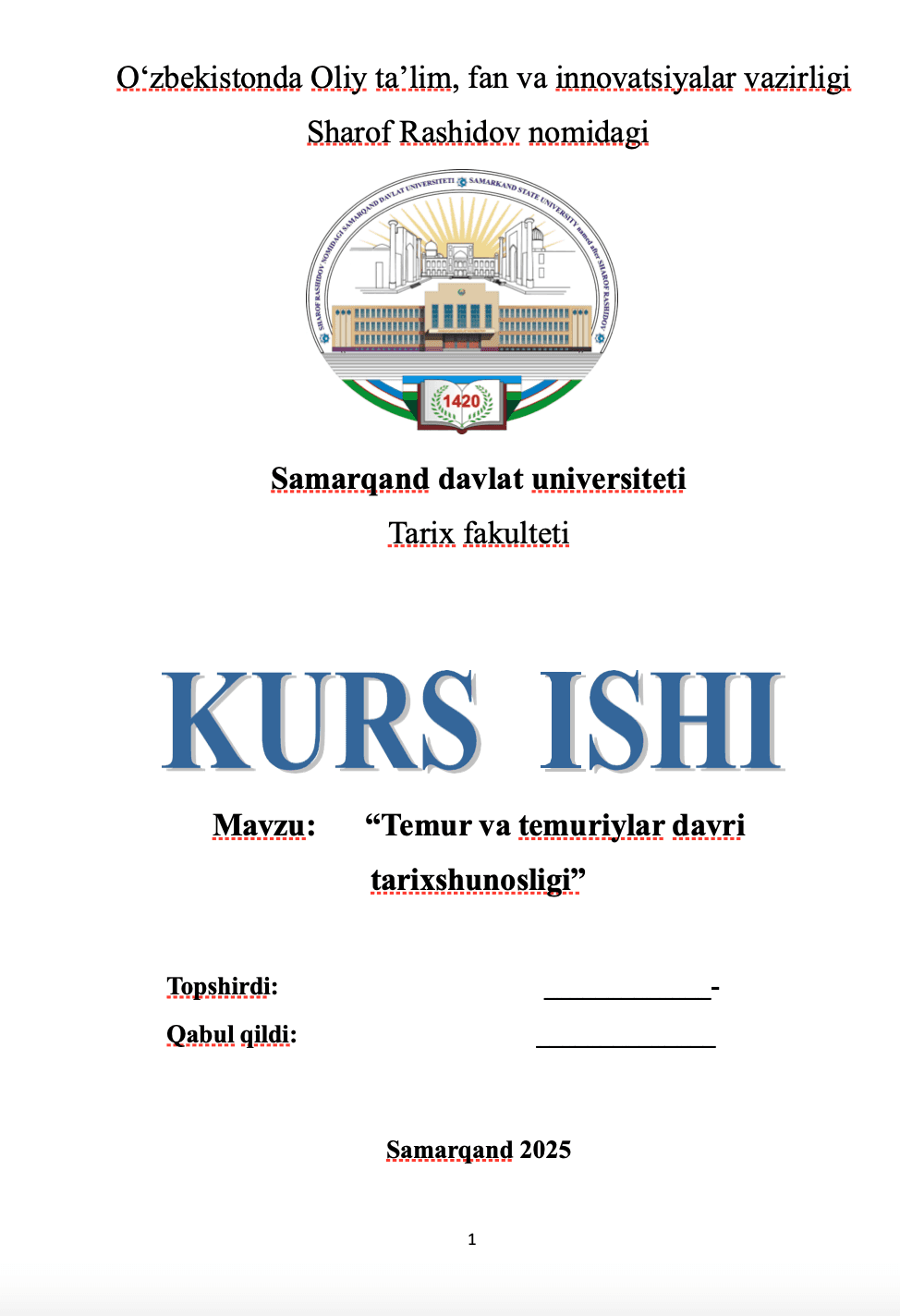 Temur va temuriylar davri tarixshunosligi kurs ishi