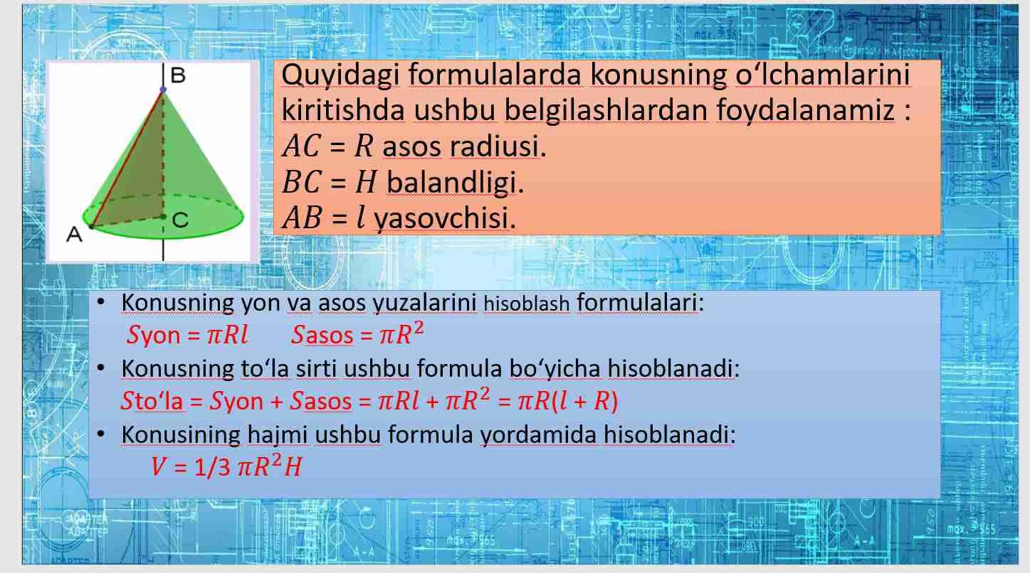 Aylanish jismlari sirtining yuzi va hajmini hisoblashga doir masalalarni yechish