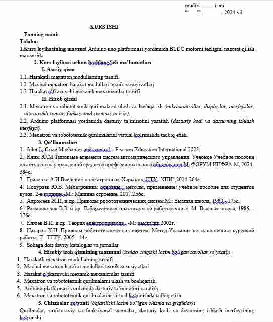 Arduino uno platformasi yordamida BLDC motorni tezligini nazorat qilish mavzusida