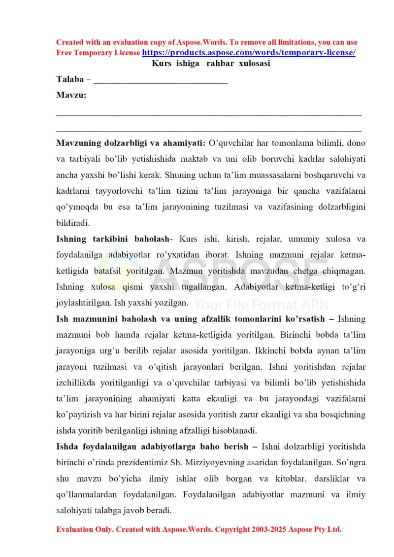 Kurs ishiga rahbar xulosasi shablon