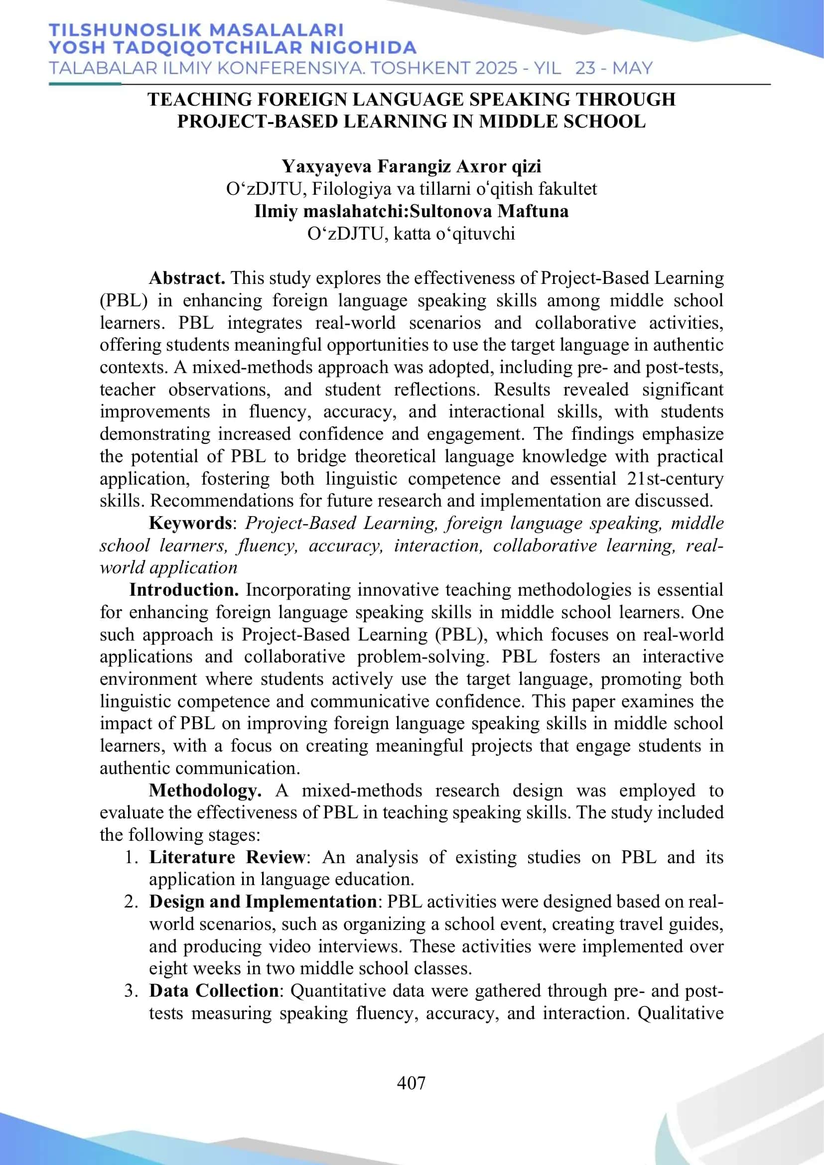 TEACHING FOREIGN LANGUAGE SPEAKING THROUGH PROJECT-BASED LEARNING IN MIDDLE SCHOOL