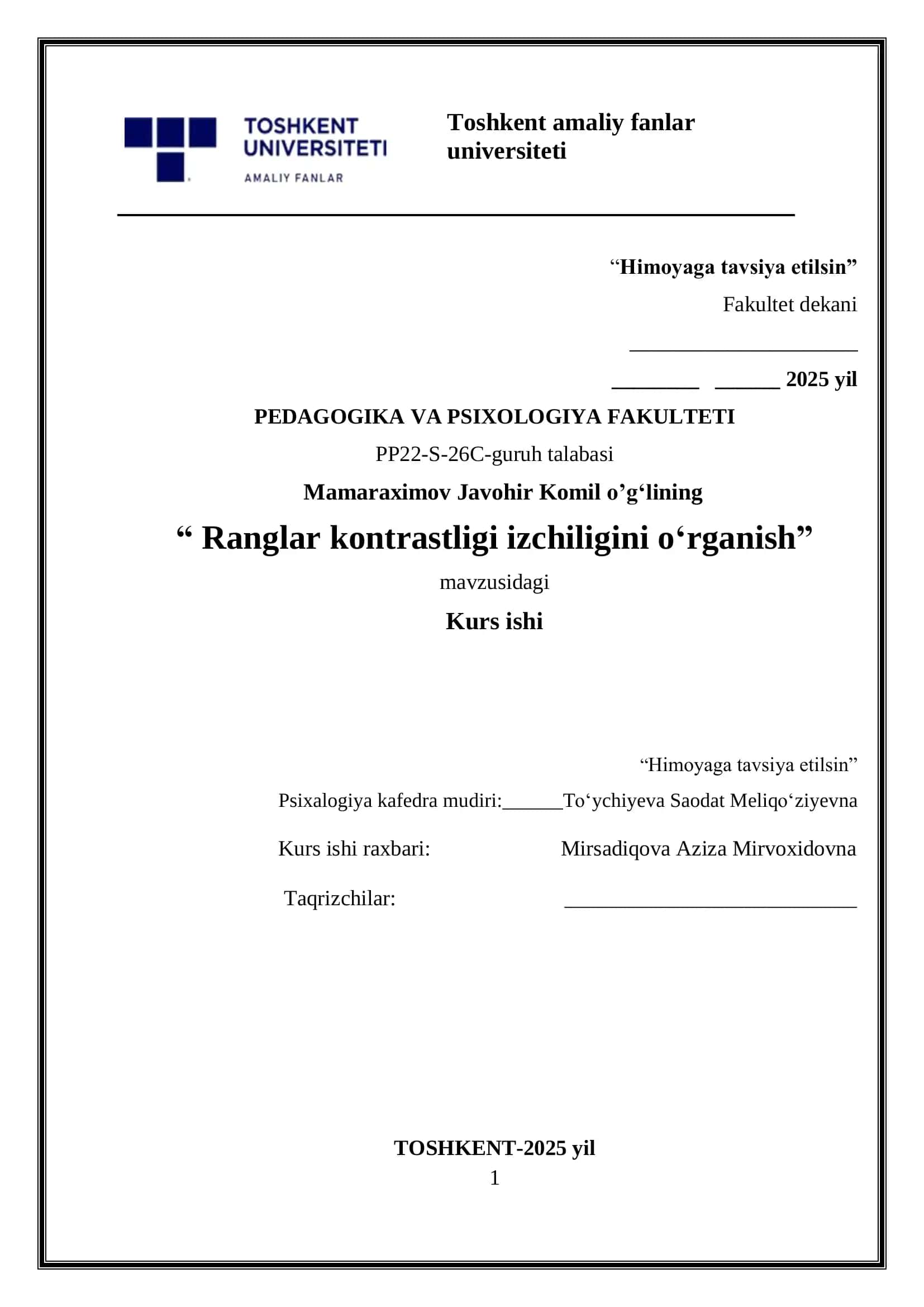 Ranglar Kontrastligi Izchiligini O‘rganish